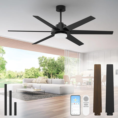 64 inch Ceiling Fans with Lights and Remote&APP,Industrial Ceiling Fan Reversible Quiet DC Motor, 6 Speed 3 CCT Dimiable, Modern Large Ceiling Fan for Living Room Farmhouse Patios Outdoor Gazebo Black A101-B0F82S3LSZ
