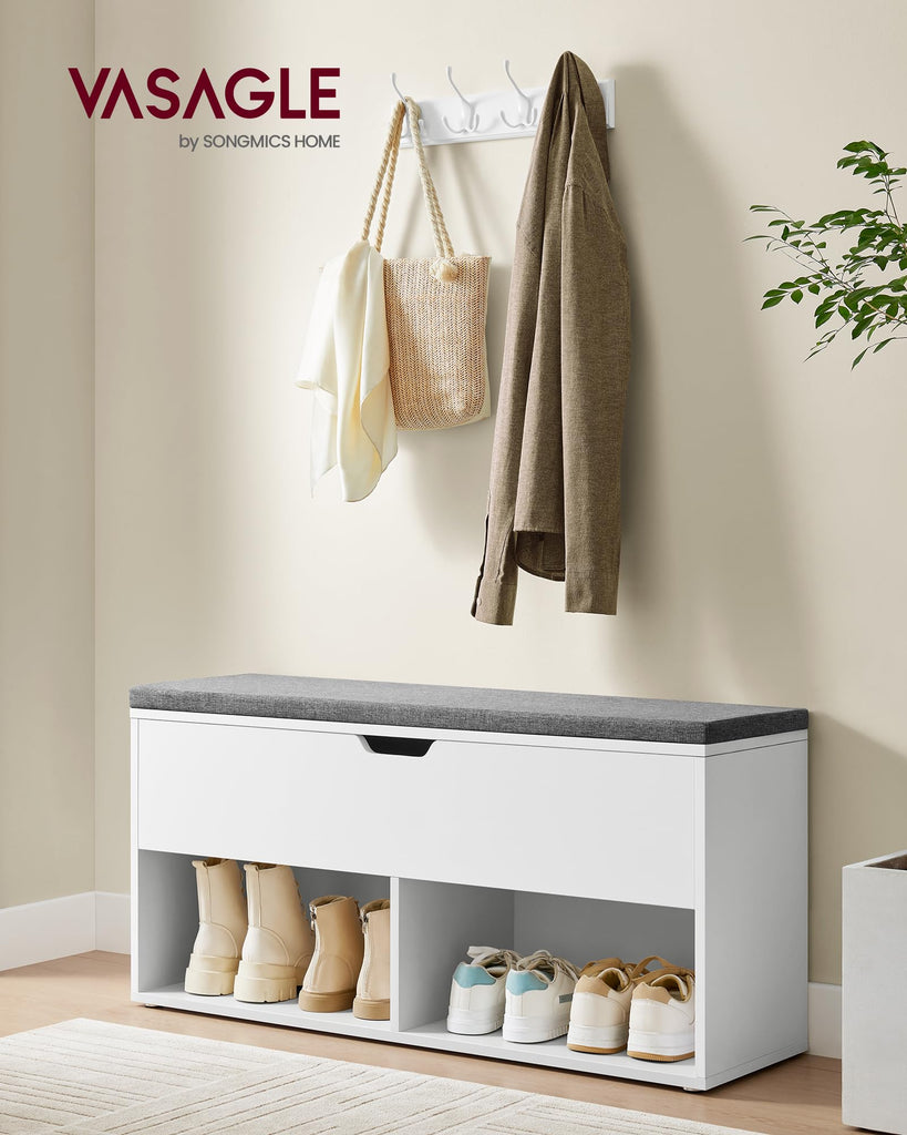 Shoe Storage Bench with Cushion, 2 Open and 1 Hidden Compartments