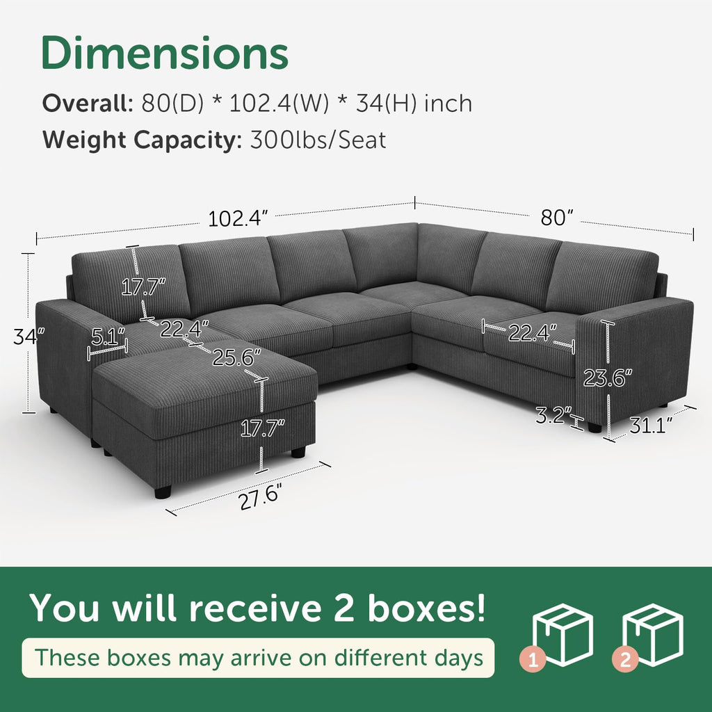 7 Seaters U Shape Corduroy Sectional Sofa, Dark Grey