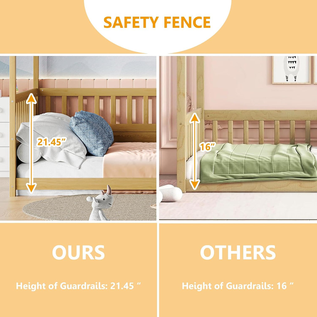 Canopy Bed Frame with 4 Posters and Guardrails, Montessori Floor Bed with High Fence, Natural