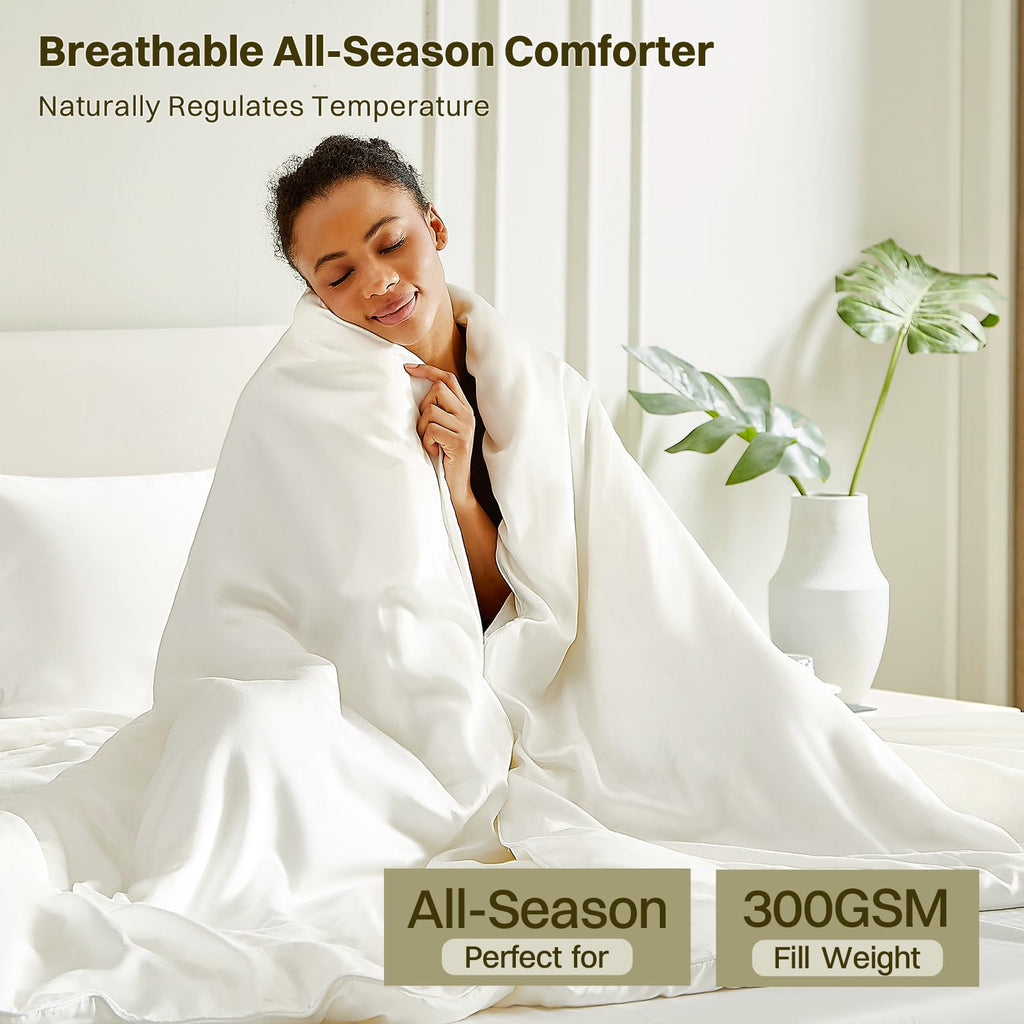 Silk Comforter Set 4 Pieces, All-Season 100% Silk Filled Comforter with Detachable Duvet Cover, Moisture-Wicking