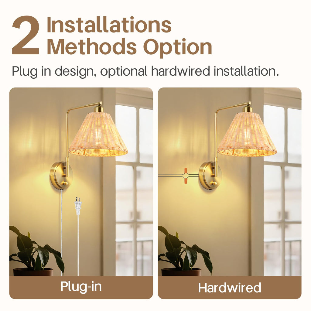 Plug in Rattan Wall Sconce Set of 2, Boho Woven Brown Wall Lamps with Gold Arm, Dimmable Switch Light Fixture, Rustic