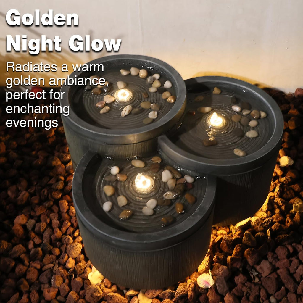Small Modern Outdoor Water Fountain with 3 Led Lights Tiered Cascading Waterfall Feature with Quiet Pump Floor Water