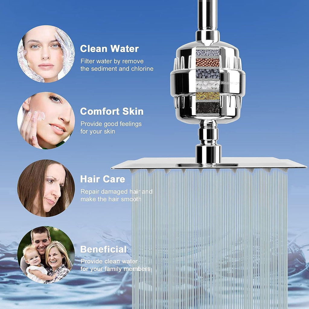 Filtered Shower Head, High Pressure 8′′Square, 5 settings Handheld Rain Shower Filter Combo with Self-adhesive