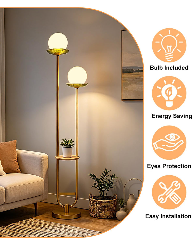2-Globe Gold Floor Lamp Dimmable with Green Glass Tray Tall Lamp