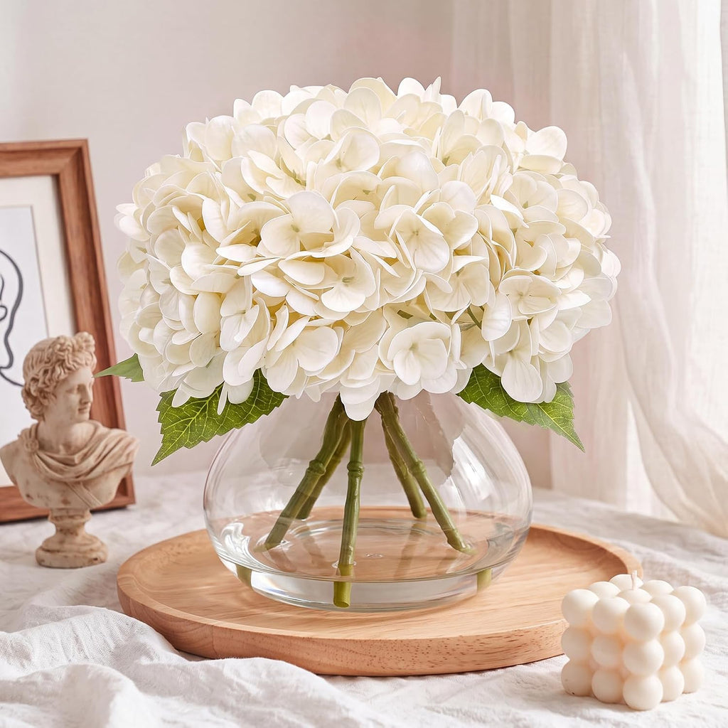 Hydrangea Artificial Flowers with Vase, Real Touch Latex Fake Hydrangeas with Faux Water and Leaves, Realistic Faux