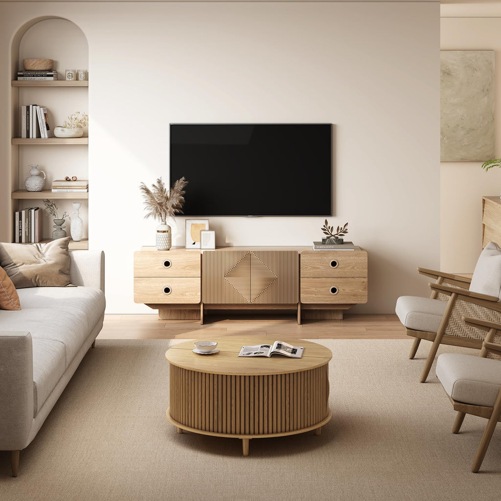 66" Fluted TV Stand, Boho TV Consoles, Modern Entertainment Center with Storage, Media Console Cabinet for 75 inch