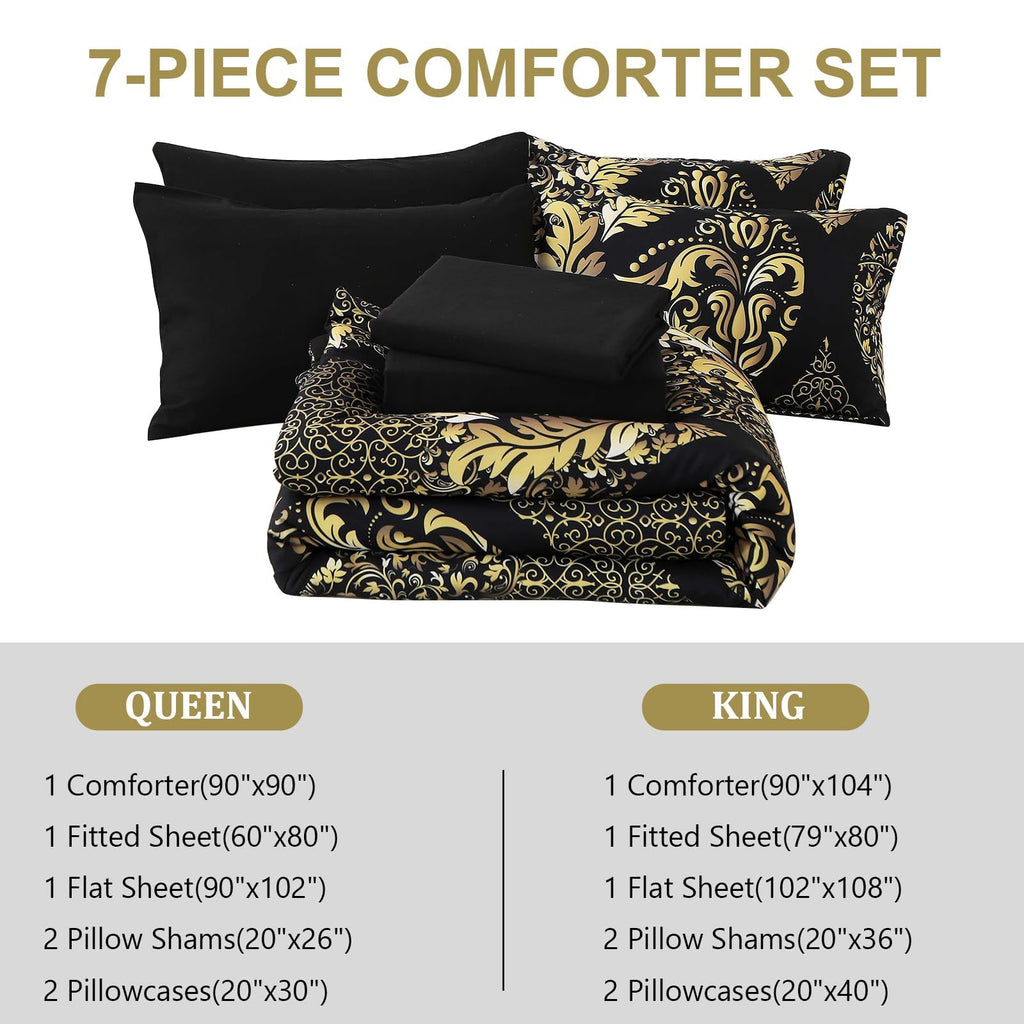 Black Gold Comforter Set King Size, 7 Pieces Bohemian Damask Comforter Set Soft Lightweight Microfiber Bedding Set