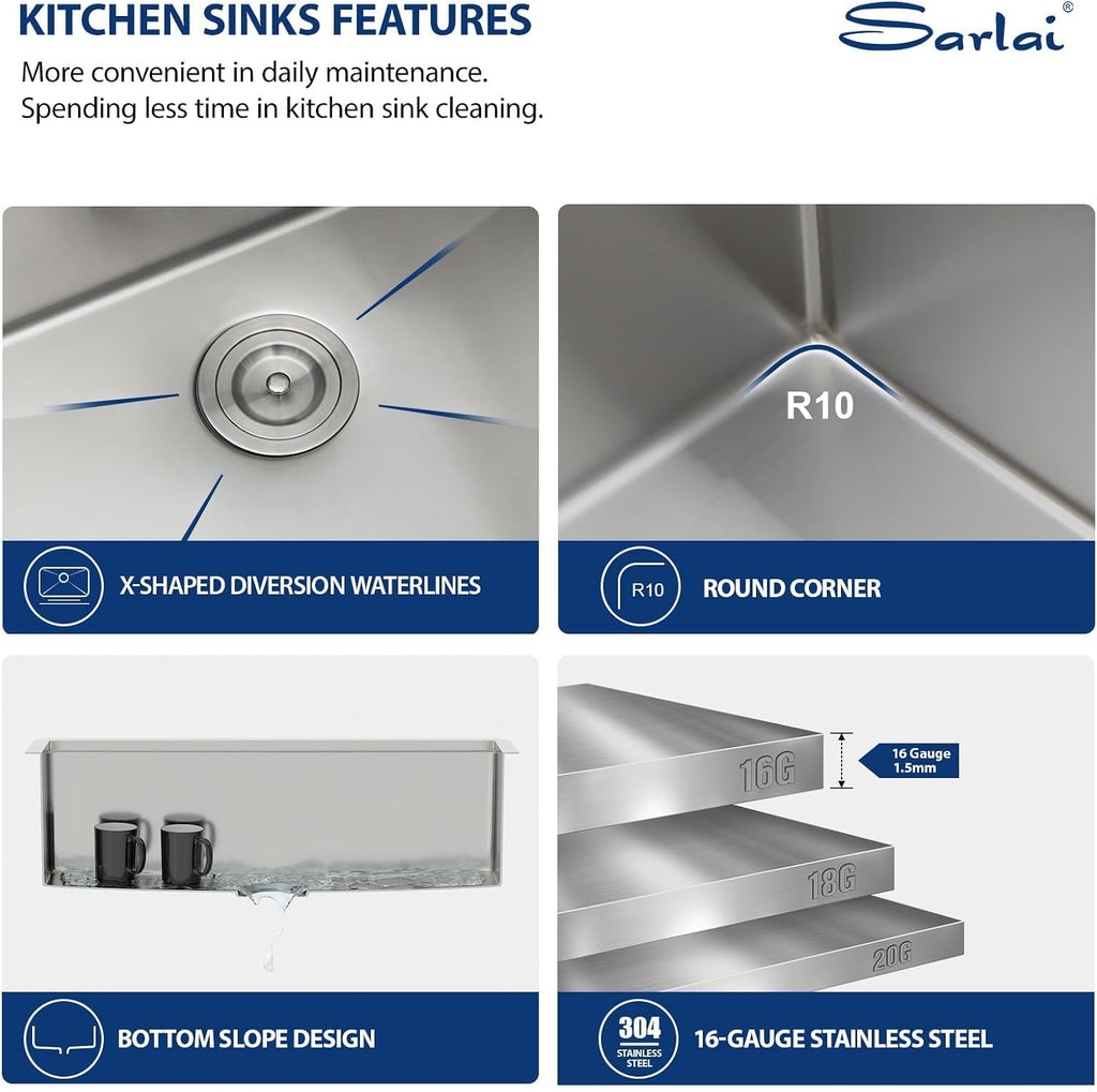 32 Kitchen Sink Undermount 32 x 19 Inch Undermount Sink Workstation | Premium 16 Gauge Stainless Steel Deep Single