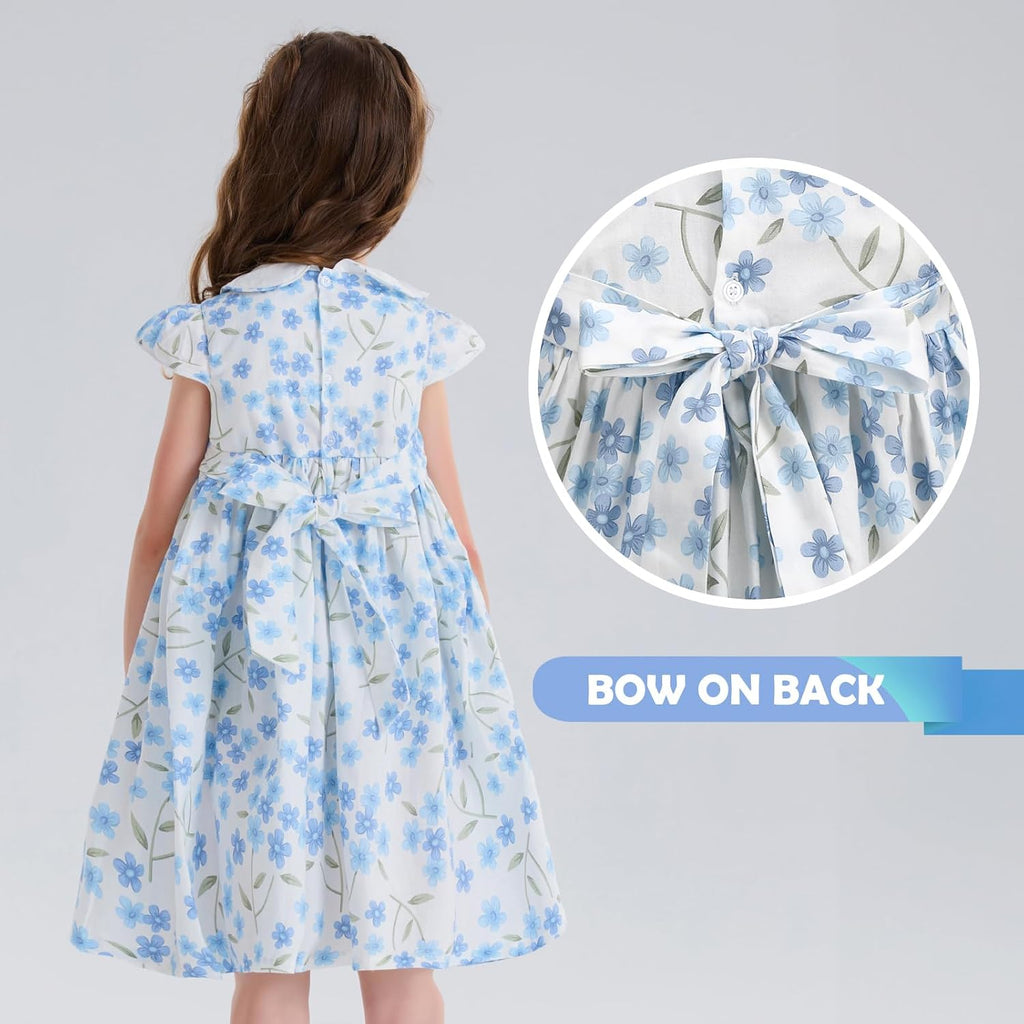 Girls Smocked Blue Dress Toddler Floral Summer Dress Vintage Dresses Kindergarten Graduation Dress