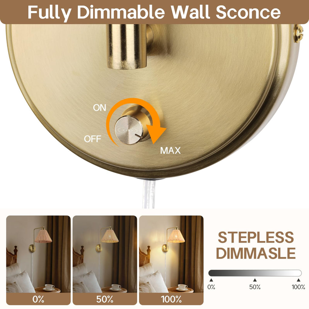 Plug in Rattan Wall Sconce Set of 2, Boho Woven Brown Wall Lamps with Gold Arm, Dimmable Switch Light Fixture, Rustic