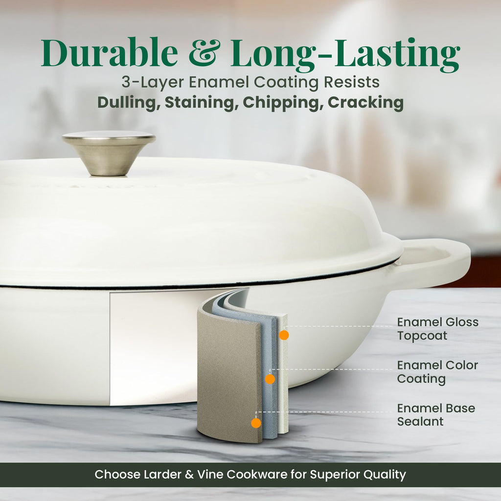 Enameled Cast Iron Braiser | 3.6 qt Braiser Pan with Lid | Shallow Dutch Oven Compatible on All Cooktops | Casserole