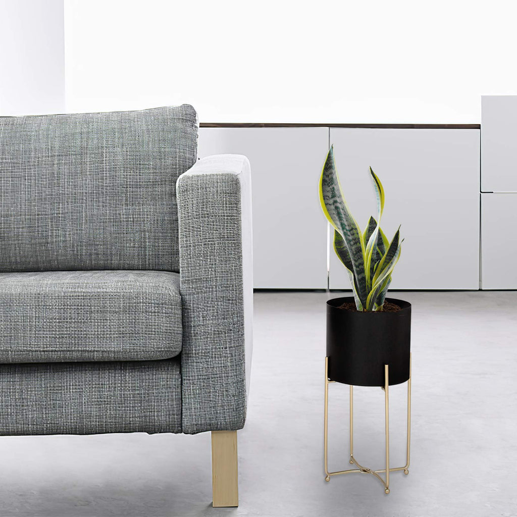 Modern Planters Stand with Pot, Mid Century Tall Black Planter with Gold Plant Stand, Floor Planter for Indoor Plants