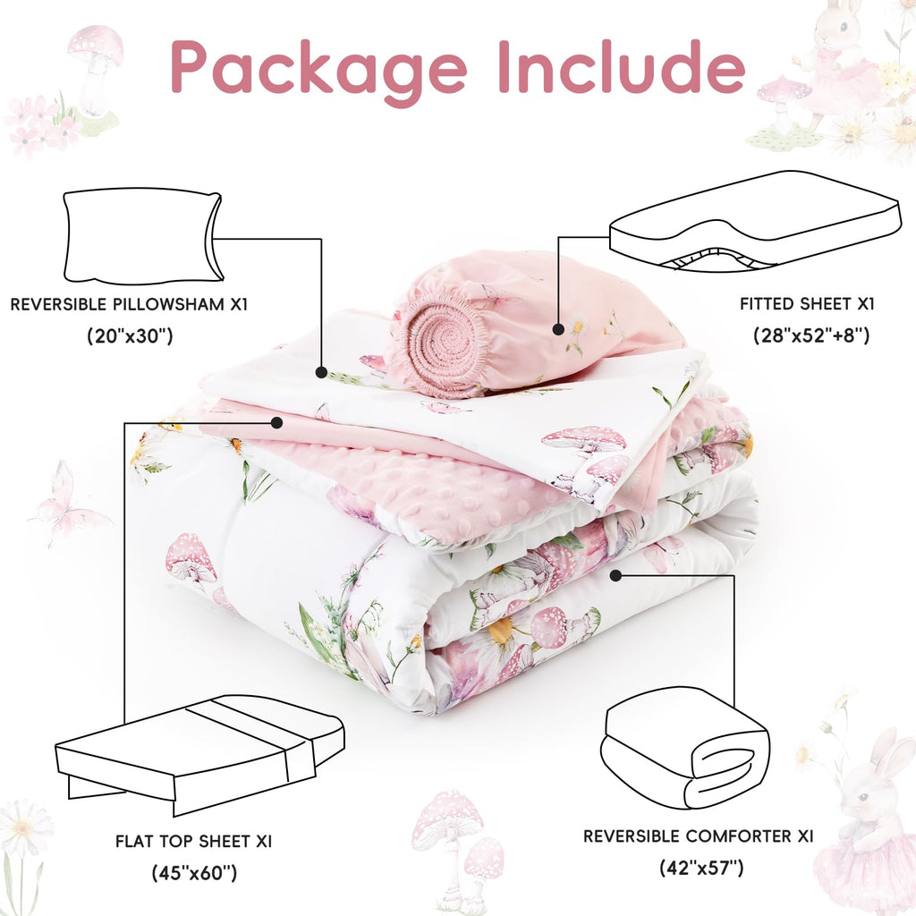 4 Piece Minky Toddler Bedding Set, Ultra Soft Skin-Friendly Soothing Minky Dot Toddler Comforter Set, Unique Pattern