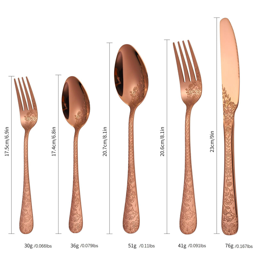 Vintage Flatware Copper/Rose Gold Floral Silverware 30 Piece Stainless Steel Set for 6 Cutlery Utensils Unique