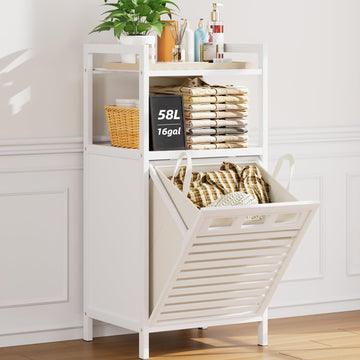 Bamboo Tilt Out Laundry Hamper Cabinet with Removable Bag, White