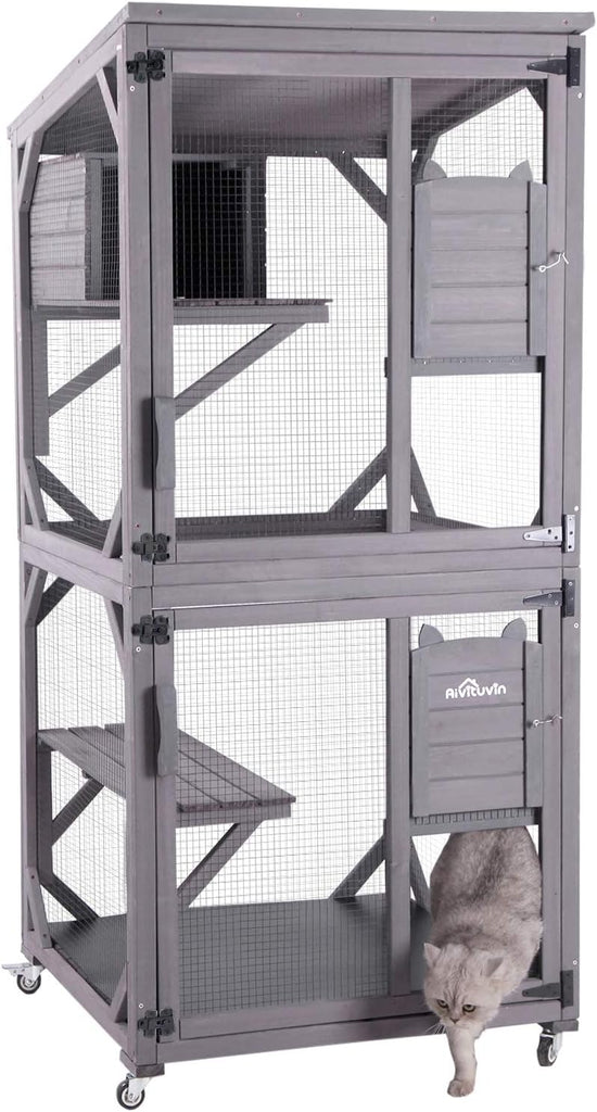 Cat Catio Kitty House Outdoor and Indoor Run Large Wooden Cat Enclosure on Wheels 70.9" Upgraded Version Kennel Cage