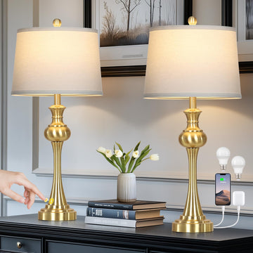 28.75" Gold Table Lamps, Touch Lamps s Set of 2 - Nightstand Table Lamp with USB C+A, 3 Way Dimmable Bedside Lamps