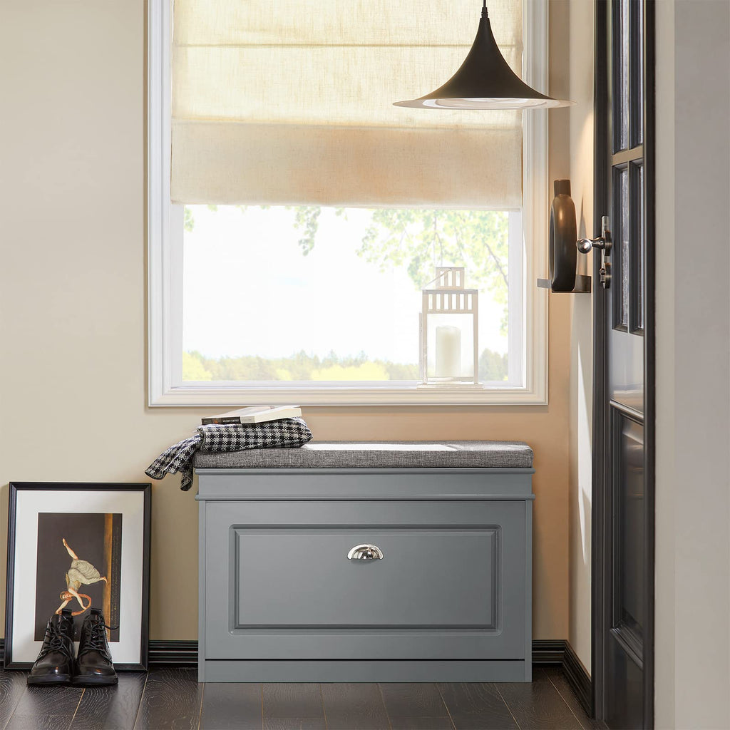Shoe Storage Bench with Cushion, Grey Narrow Shoe Rack, Small Shoe Cabinet with Flip-Drawer, Closet Hallway Mudroom