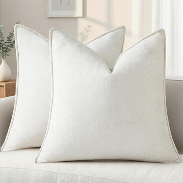 Chenille Cream White Velvet Throw Pillow Covers 20x20 Set of 2