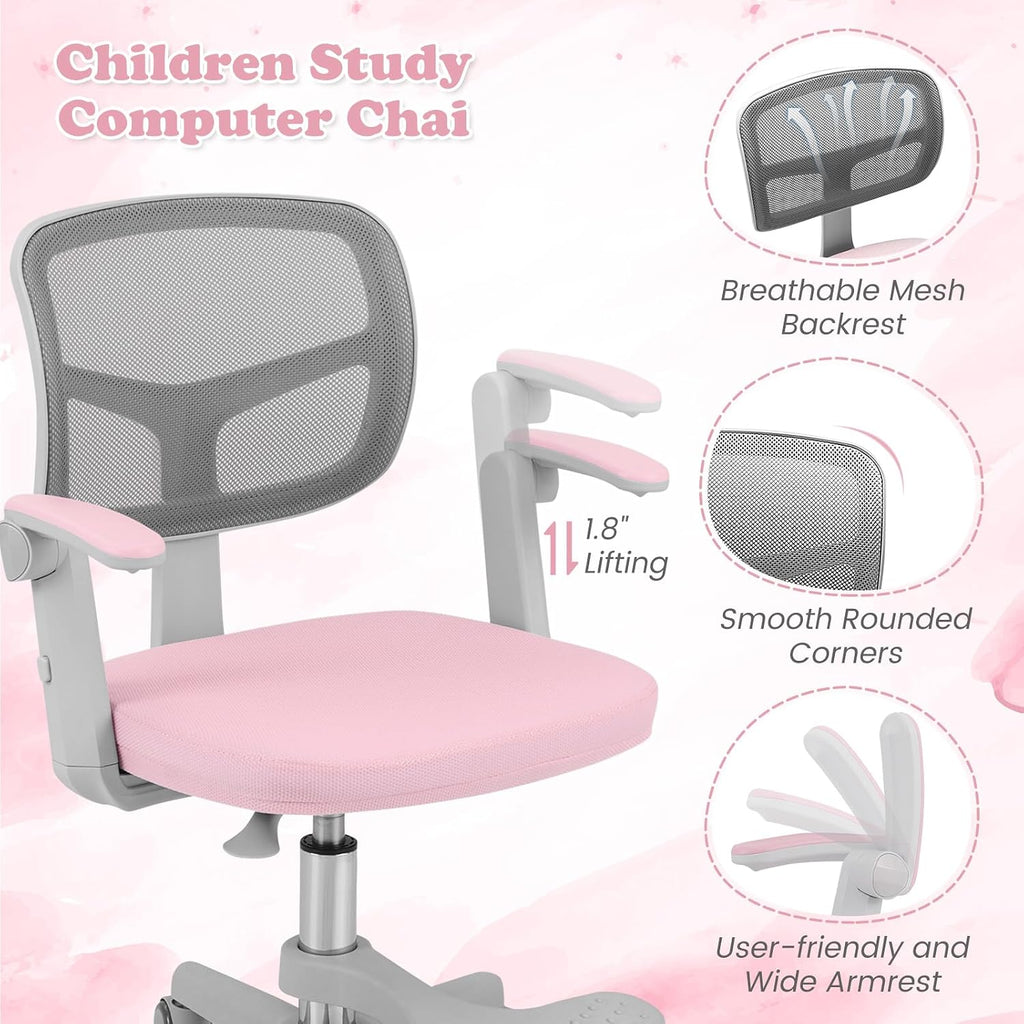 Kids Desk Chair, Ergonomic Adjustable Student Rolling Chair with Footrest & Flip-up Armrest, Mesh Children Office