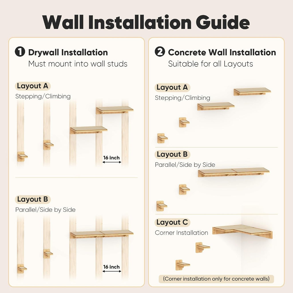 Cat Wall Shelves 4 Set, Solid Rubber Wood Shelf with Sisal Mat