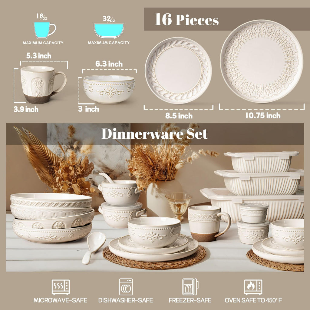 Plates And Bowls Sets, 16 Pieces Dinnerware Sets, Dish Set For 4, Ceramic Kitchen Bowl And Plate Set, Embossed White