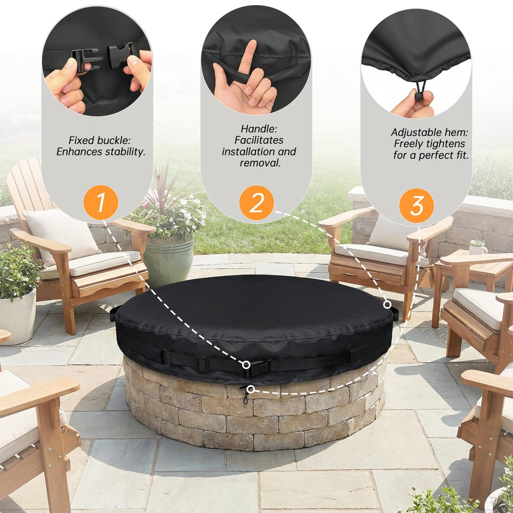 Outdoor Fire Pit Cover Round for In-Ground Fire Pits 61-66 Inch, 600D Oxford Waterproof Weather-Resistant Firepit
