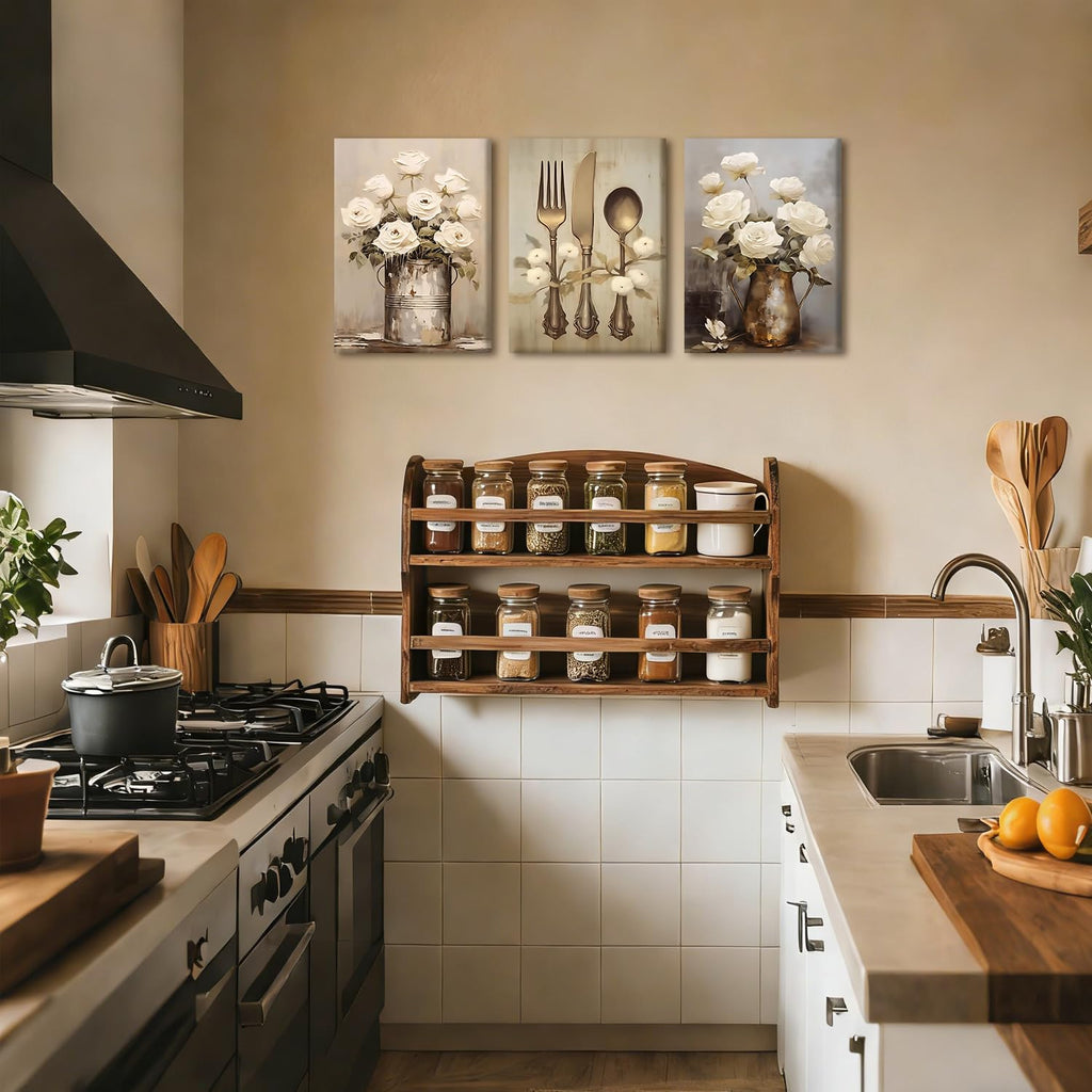 3 pcs Vintage Floral Kitchen Canvas Framed Wall Art 12x16 inch