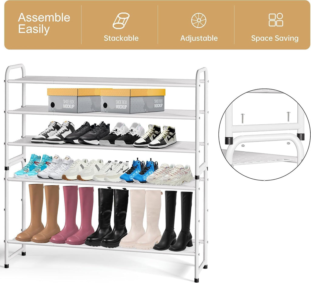 3-Tier Long Shoe Rack for Closet Metal Shoe Organizer, Wide Stackable Shoe Storage Shelf with Sturdy Wire Grid for