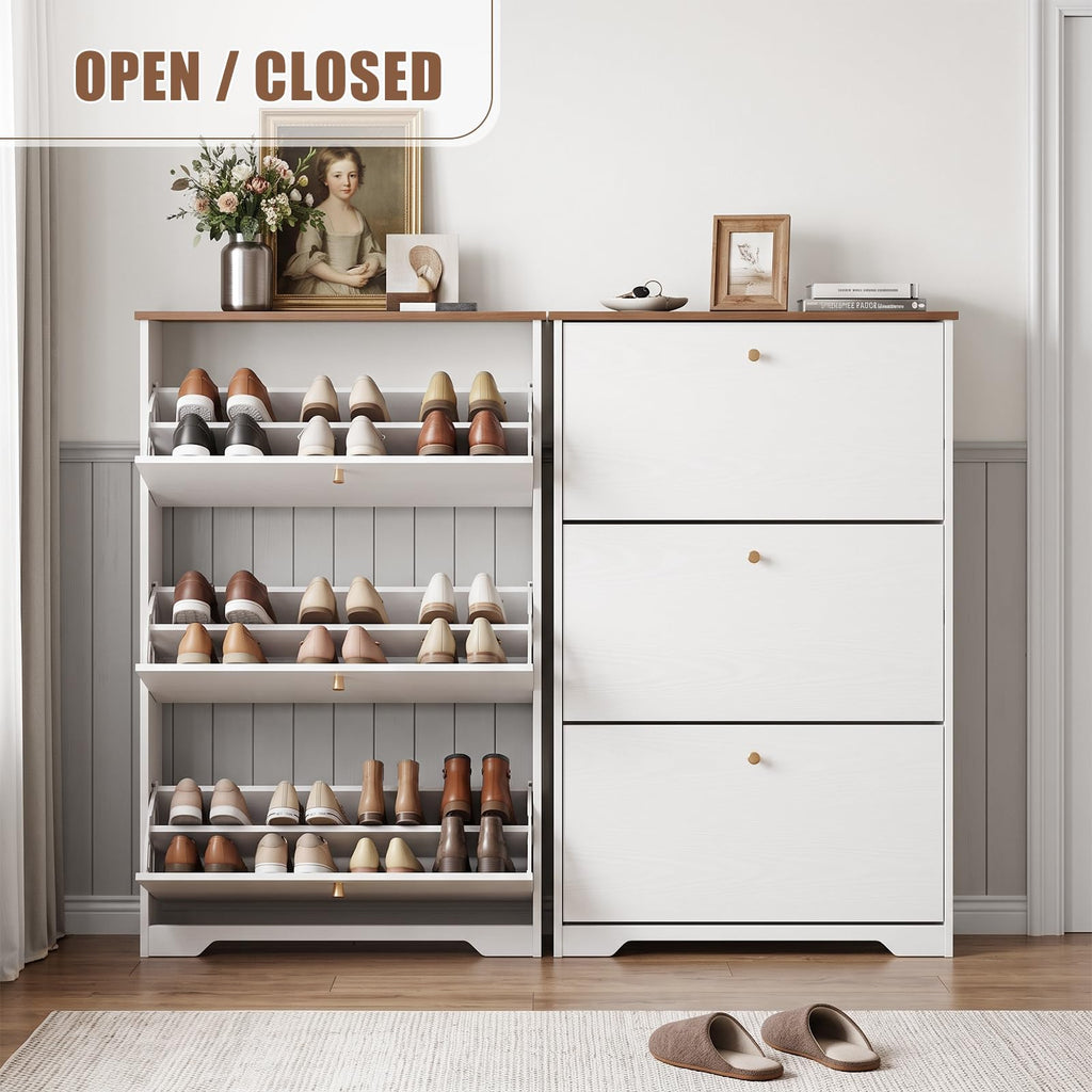 Shoe Cabinet, 3 Flip Drawers Slim White Walnut Top Entry Storage