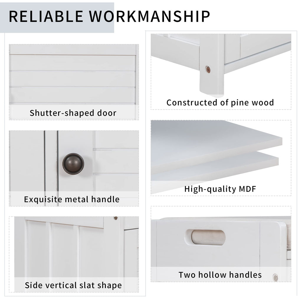 Upholstered Storage Ottoman with Removable Cushion, Wooden Entryway Bench with 3 Shutter-Shaped Doors and Hidden