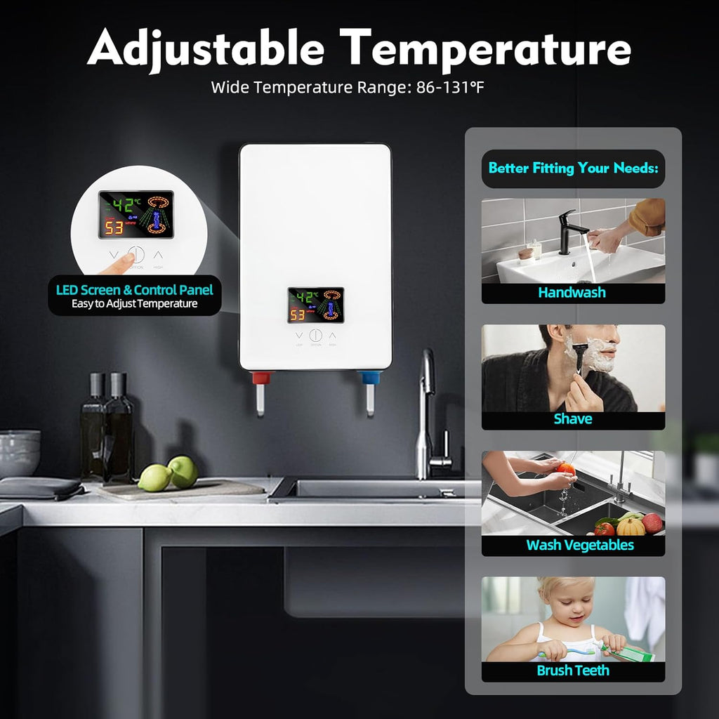 Tankless Electric Hot Water Heater, 4500W 110V Instant Water Heater On Demand 86-131°F Shower Heaters w/LED Screen