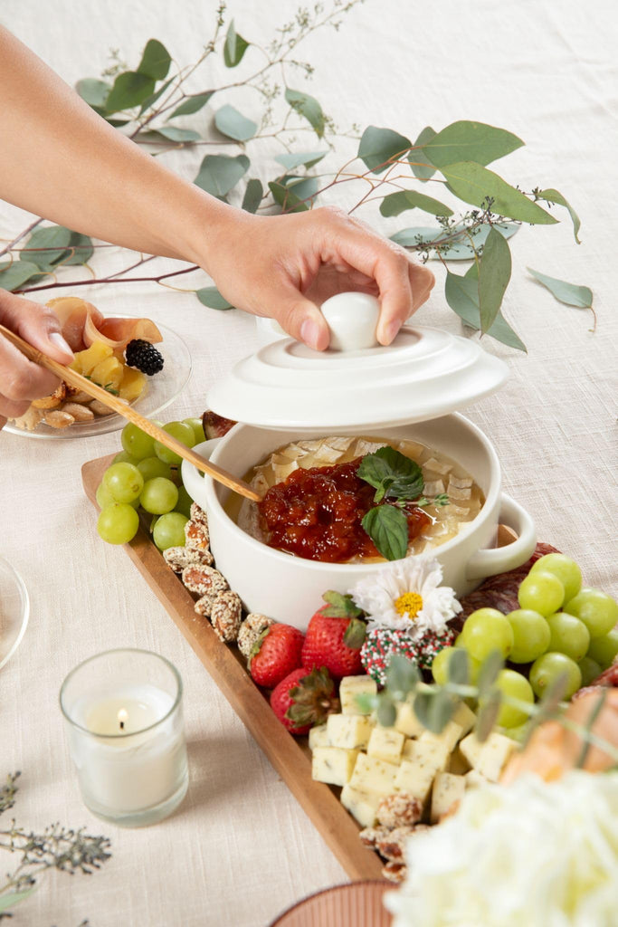 Brie Baker with Lid and Spreader - White Ceramic Baking Dish for Cheese, Baked Brie, Fondue, Dip - Oven Safe Baker