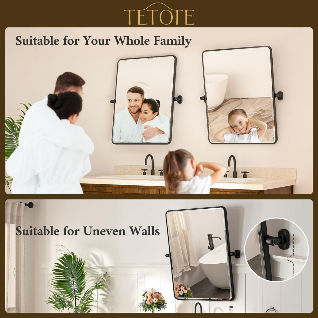 Pivot Mirror 16 x 20 Matte Black Tilt Beveled Rectangle Metal Framed Pivoting Bathroom Vanity Mirror, Modern