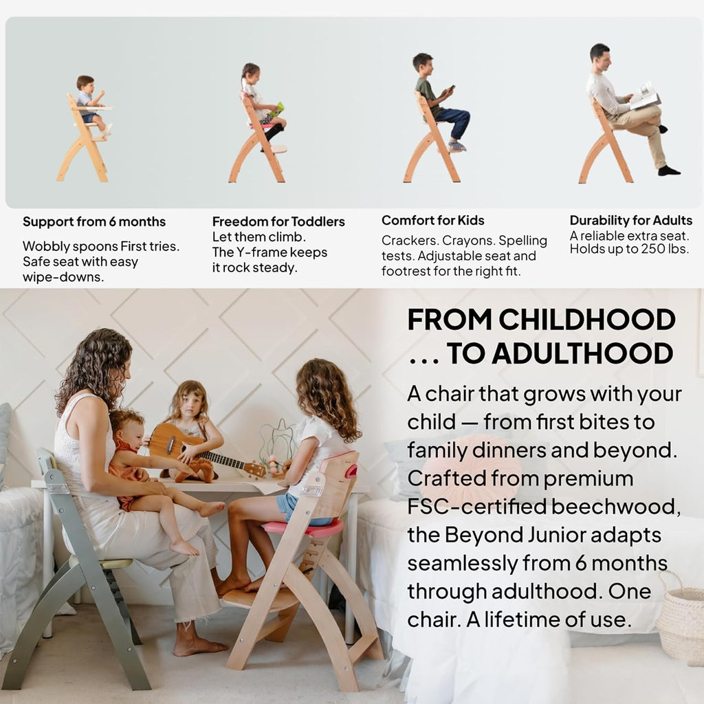 Beyond Junior Convertible Wooden High Chair with Removable Tray - Natural Olive | 3-in-1 Adjustable Highchair for