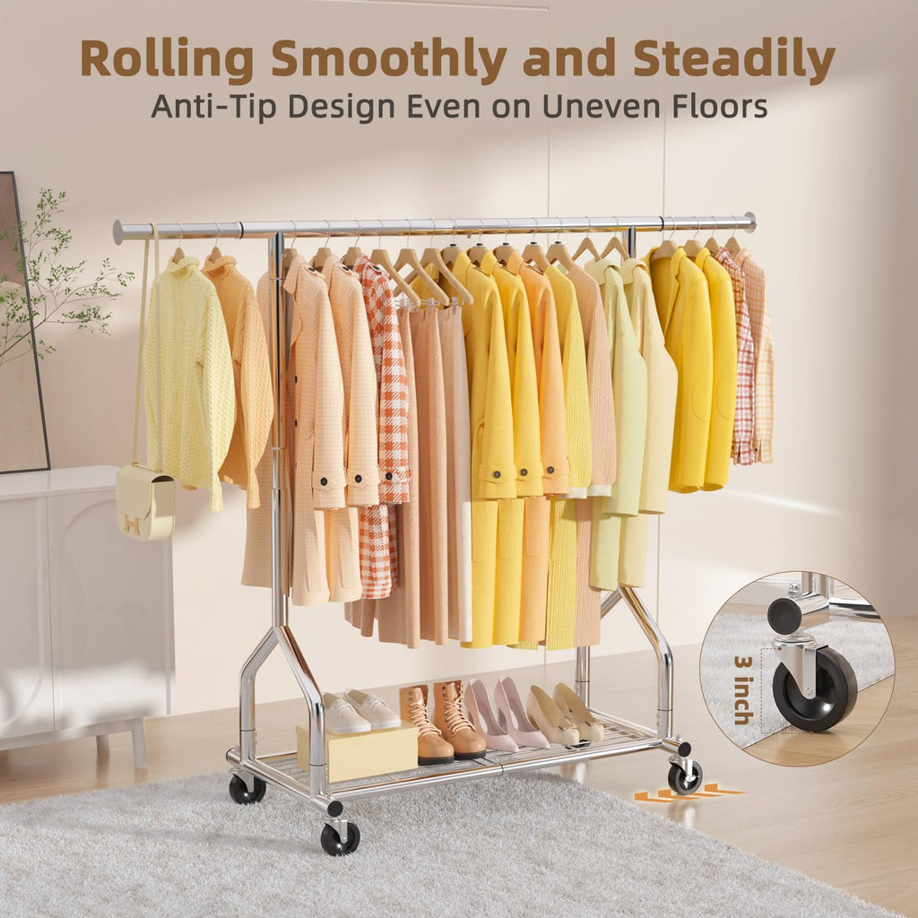 Heavy Duty Clothes Rack Load 424 LBS, Rolling Clothing Rack With Shelves, Adjustable Clothes Hanger with Wheels