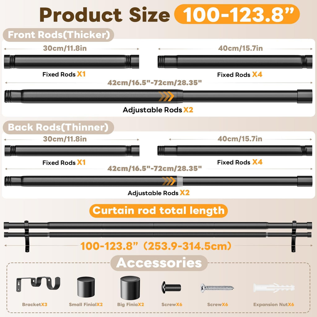 Double Curtain Rod 100 to 123.8 Inch, 1 Inch Telescoping Double Curtain Rods for Windows, Black Double Curtain Rod