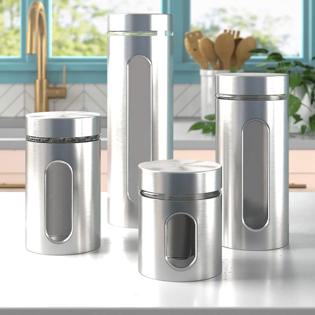 Quality 4pc Stainless Steel Canister Set Counter with Glass Window & Airtight Lids, Food Storage Containers, Pantry
