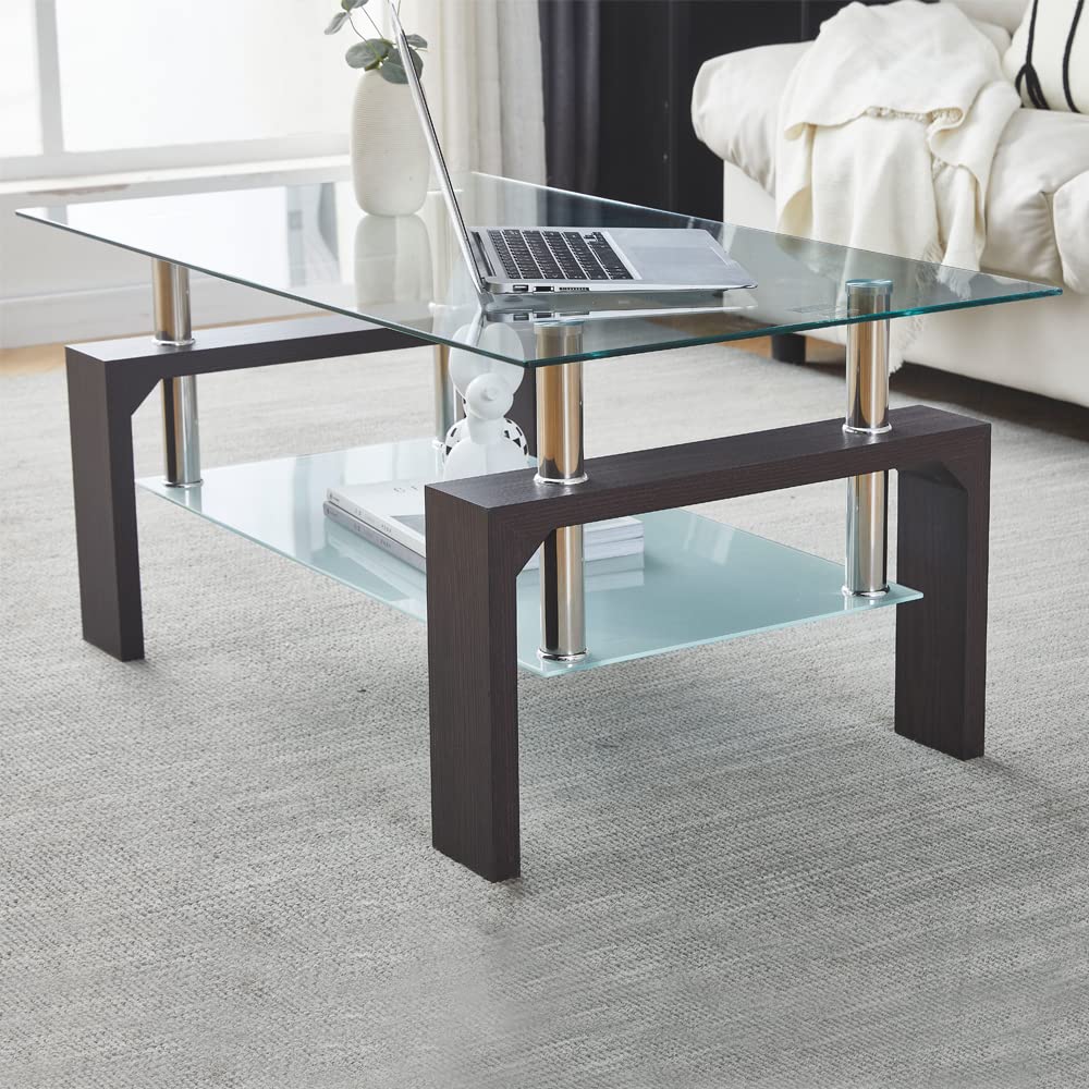 Walnut Rectangular Coffee Table, 39.5in x 23.5in x 17.5in, Glass Tabletop with Lower Shelf, Adjustable Bottom Corners