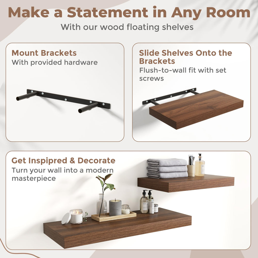 24 Inch Floating Shelves for Wall 2 Pack, 12"D Wood Gra Shelves