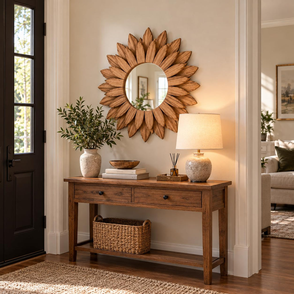 Sunburst Mirror, Solid Wood Boho Wall Mirror with Rustic Natural Brown Finish, Decorative Round Accent Mirror