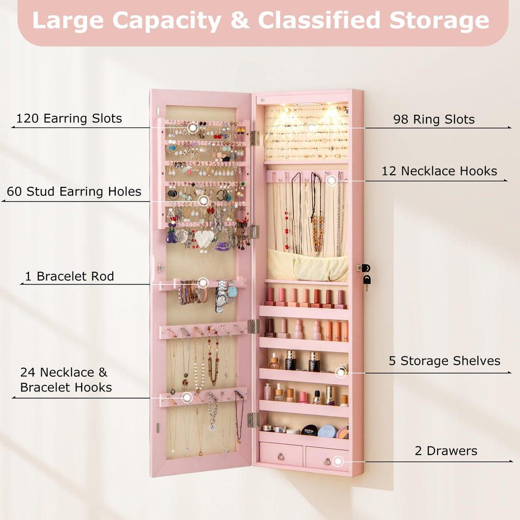 Wall Door Jewelry Armoire, 47.5" H Full Length Mirrored Jewelry Cabinet with 2 LED Lights and 2 Drawers, Lockable