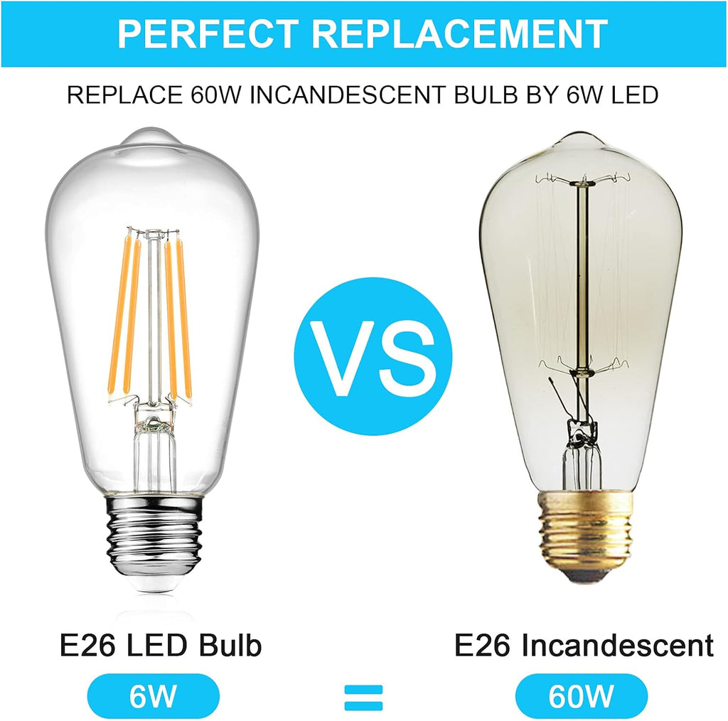 Vintage LED Edison Bulbs, 6W, Equivalent 60W, Non-Dimmable, High Brightness Warm White 2700K, ST58 Antique LED