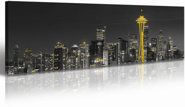 Seattle WA Skyline Canvas Wall 14x48in Framed Panoramic City Print