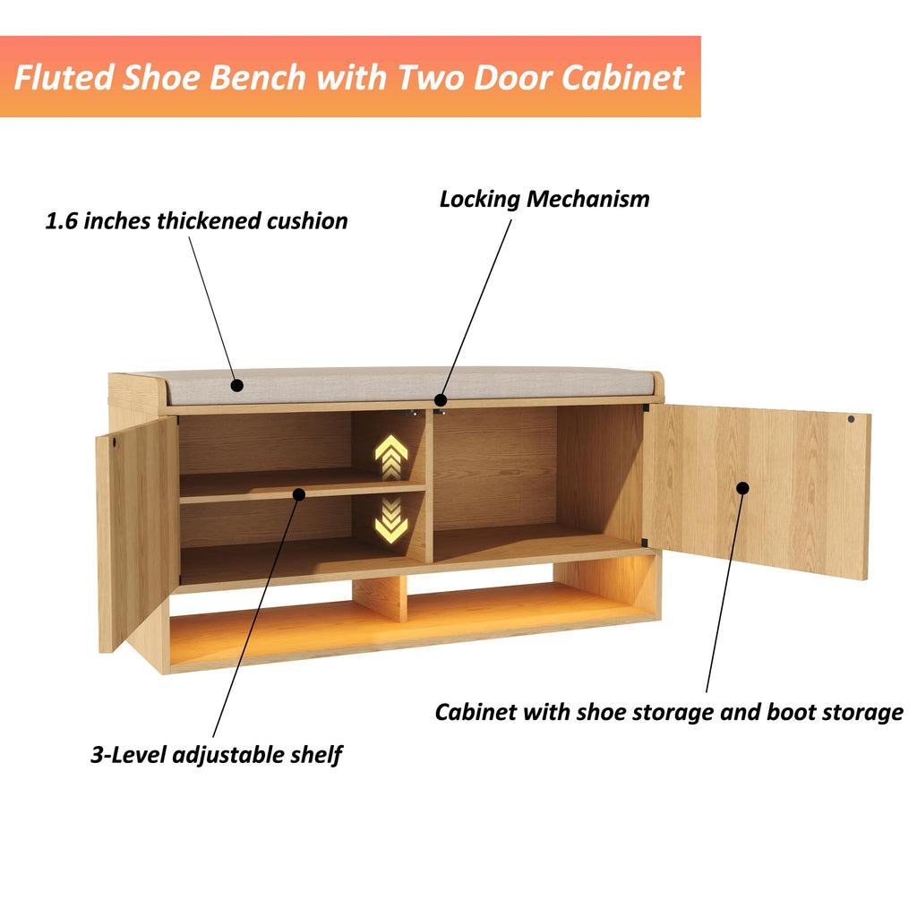 39.4" Fluted Shoe Storage Bench, Entryway Bench with Linen Seat Cushion, Shoe Cabinet Bench with Adjustable Shelf and