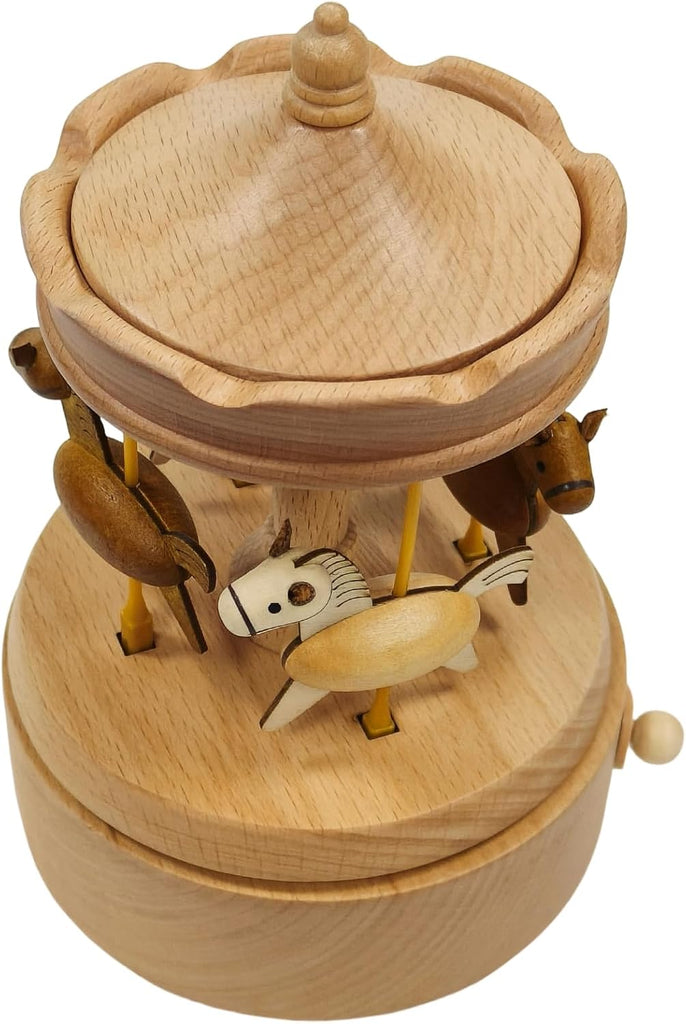 Wooden Carousel Music Box with Moving & Elevating Horses, Rotating Wind-Up Decor, Collectible Mechanical Musical Box