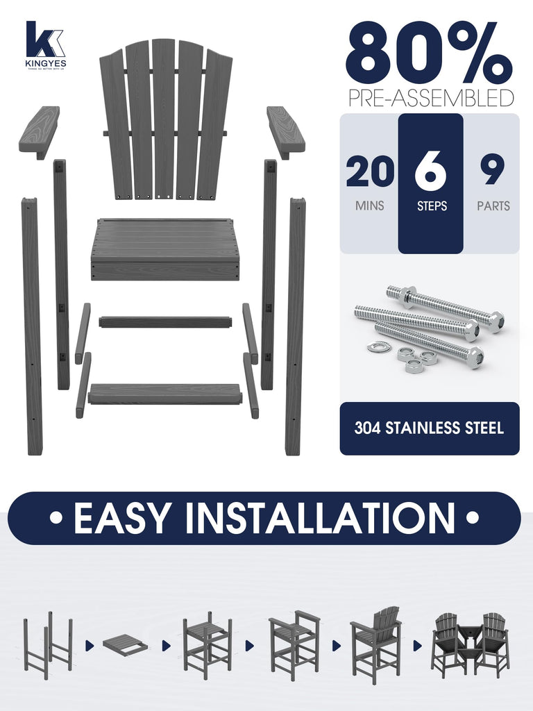 Tall Adirondack Chair Set of 2 with Double Connecting Trays, Gray