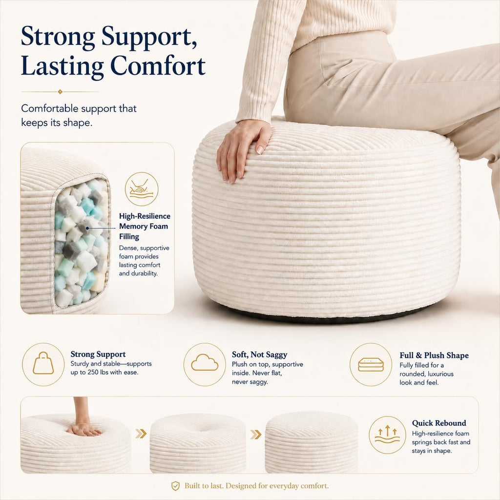 Round Pouf Ottoman Foot Rest 20 X 15 - Floor Pouf Seating, Soft Corduroy Ottoman, Lightweight Foot Stool for