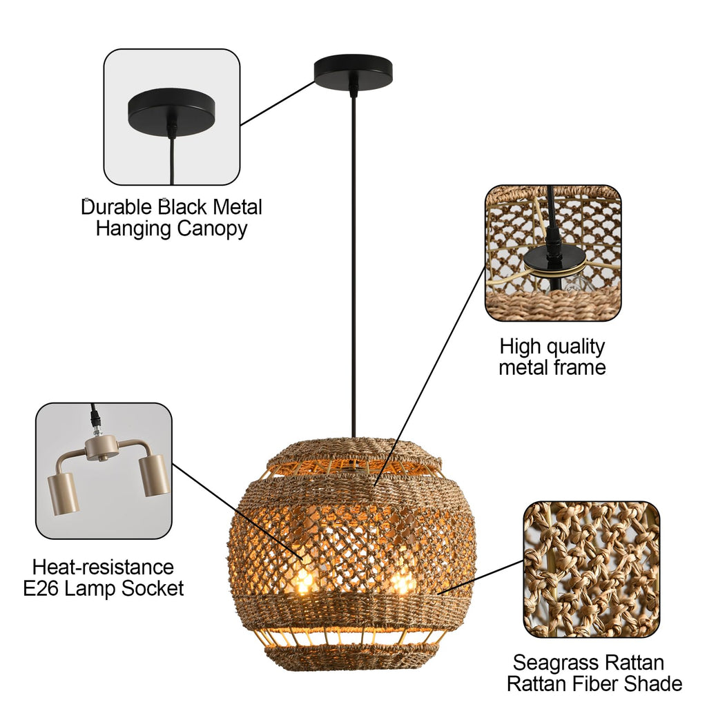 13.8" Woven Rattan Pendant Light, Wicker Hanging Light